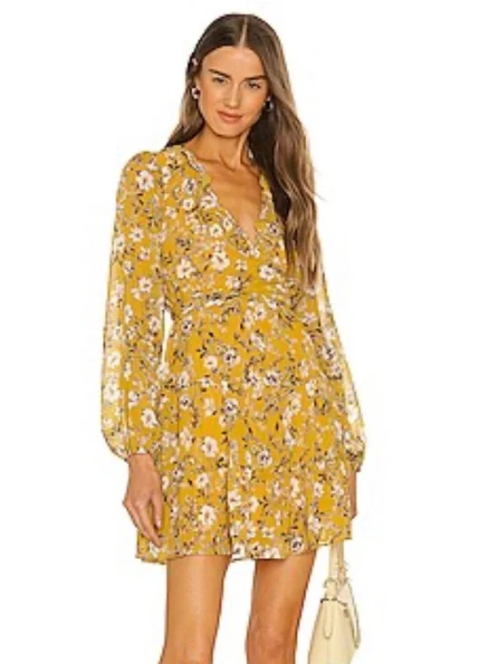 Show Me You MuMu Mustard Floral Dress Addy Yellow Long Sleeve Mini Ruffles Bow S - Picture 9 of 9
